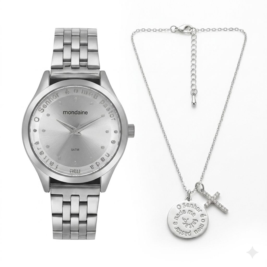Kit Relógio Mondaine Feminino Prata Salmo 23
