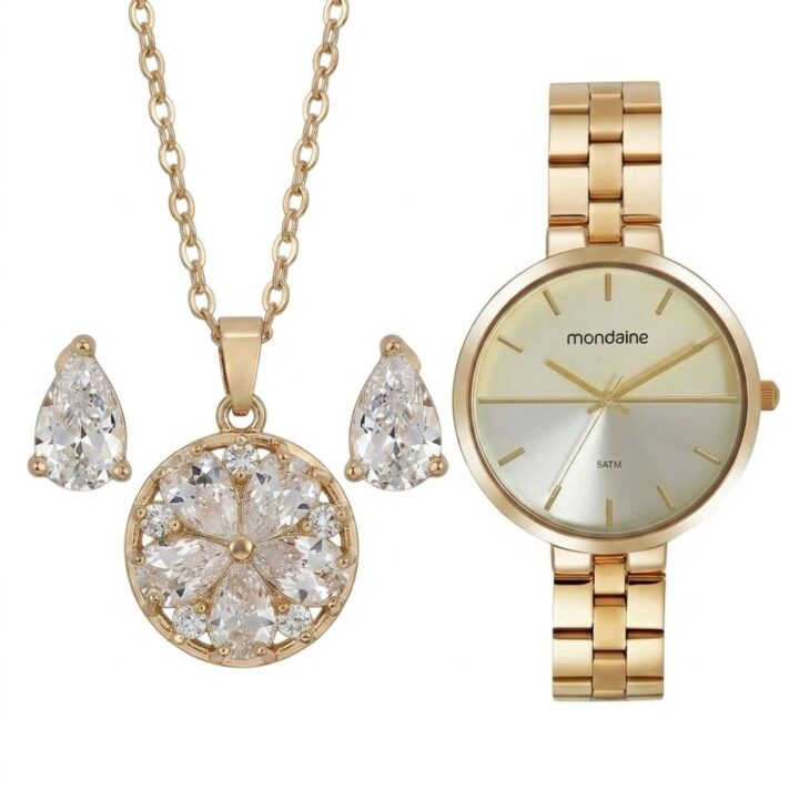 32713LPMKDE1K2 Kit Relógio Mondaine Feminino com Colar e Brincos