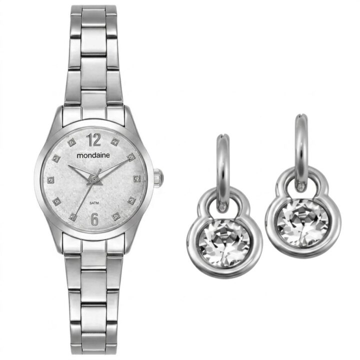 99803L0MKNE2 Kit Relógio Mondaine Feminino Cromado Com Brincos