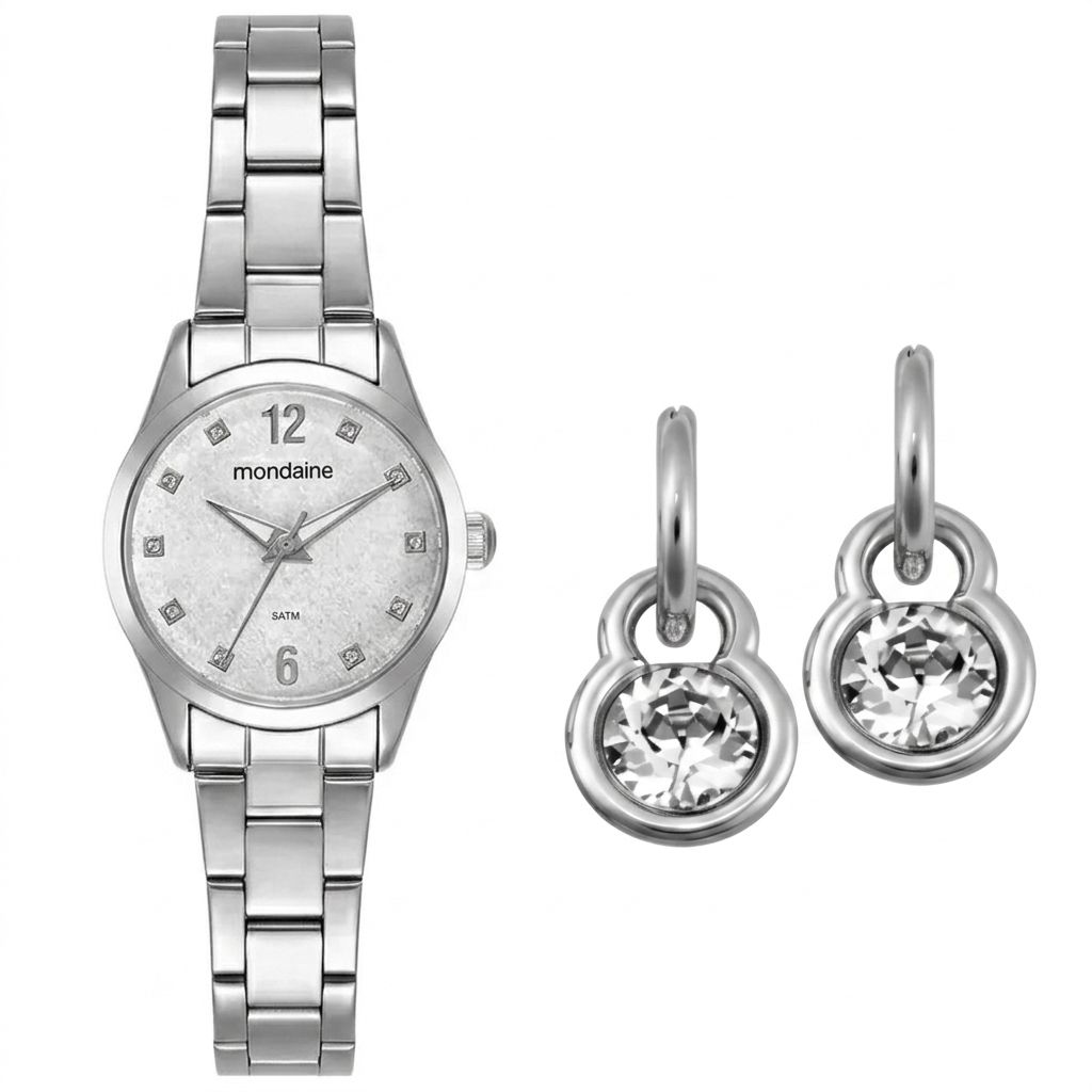 Kit Relógio Mondaine Feminino Cromado Com Brincos