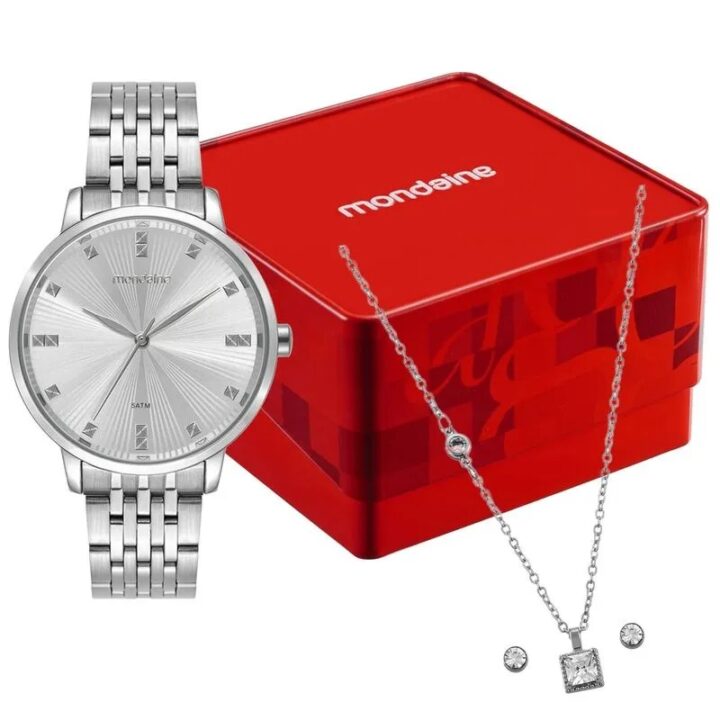 99922L0MKNE2 Kit Relógio Mondaine Feminino Prata com Colar e Brincos