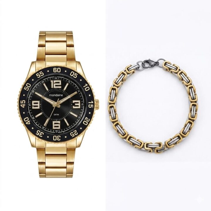 33035GPMKDE1 Kit Relógio Mondaine Masculino Dourado com Pulseira