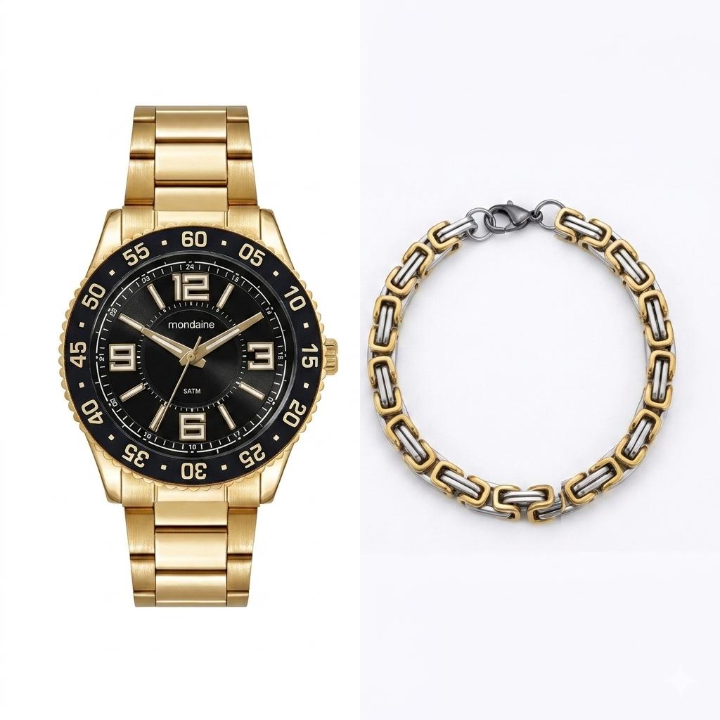 Kit Relógio Mondaine Masculino Dourado com Pulseira