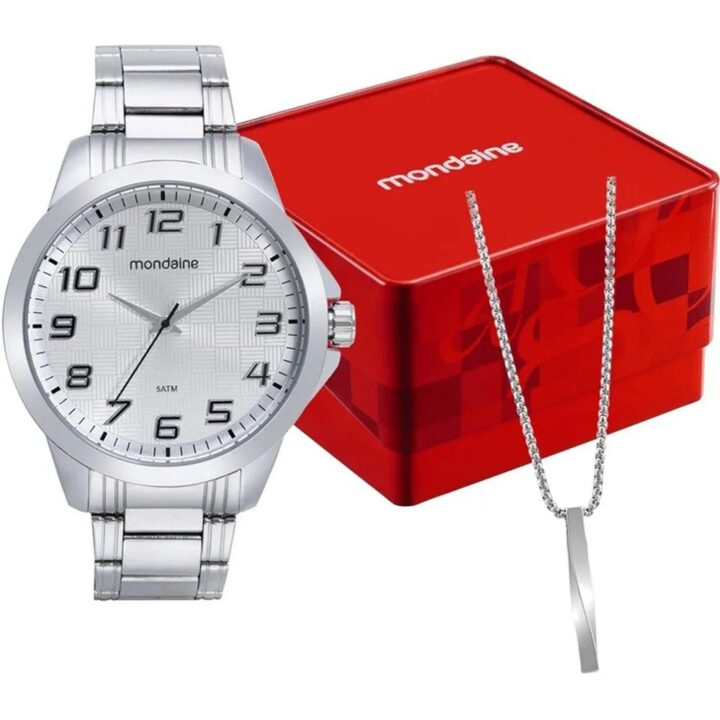 99681G0MVNE1 Kit Relógio Mondaine Masculino Prata com Corrente