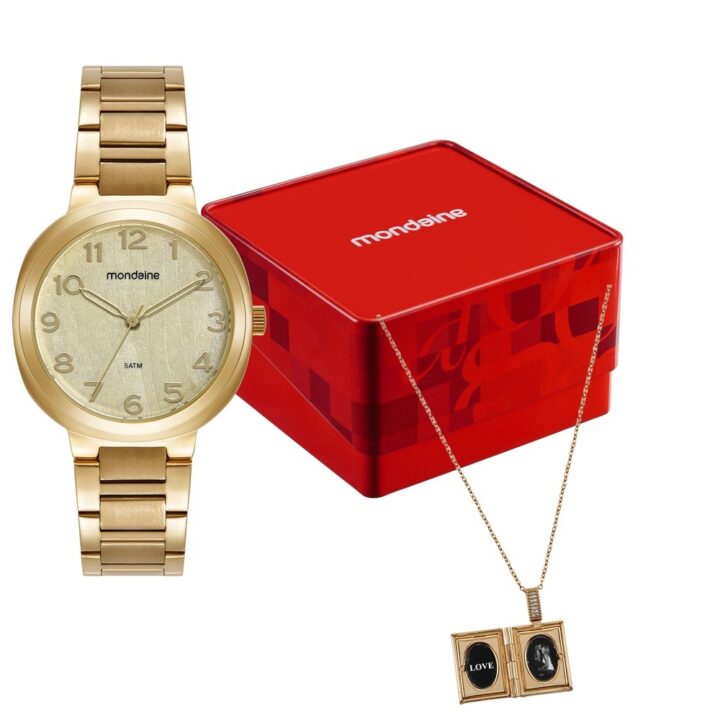 Kit Relógio Mondaine Feminino Dourado com Relicário