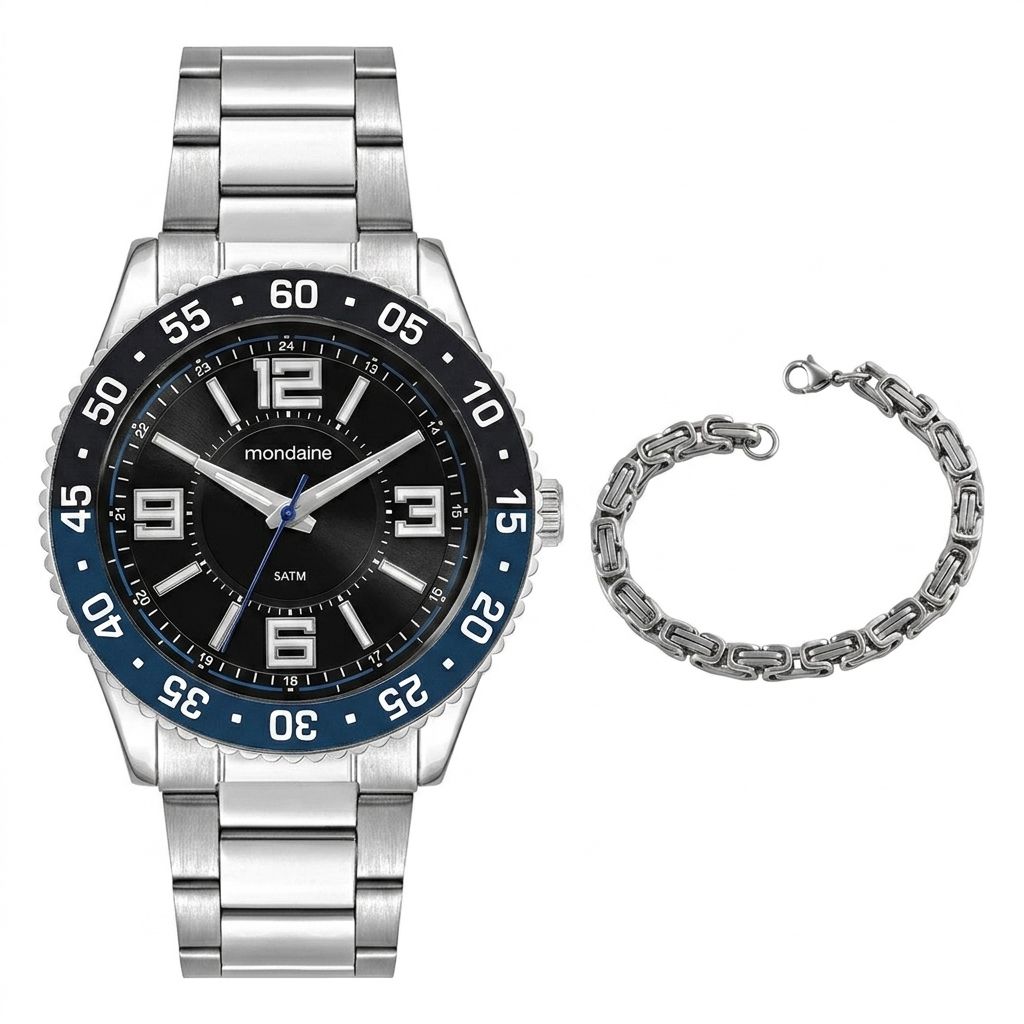 Kit Relógio Mondaine Masculino Prata com Pulseira