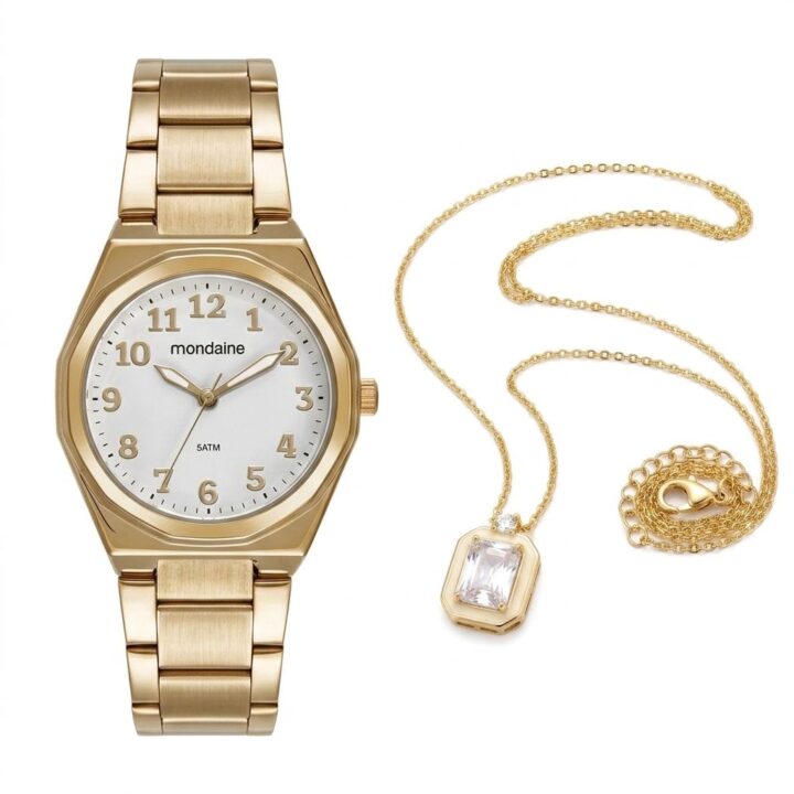 Kit Relógio Mondaine Feminino Dourado com Colar