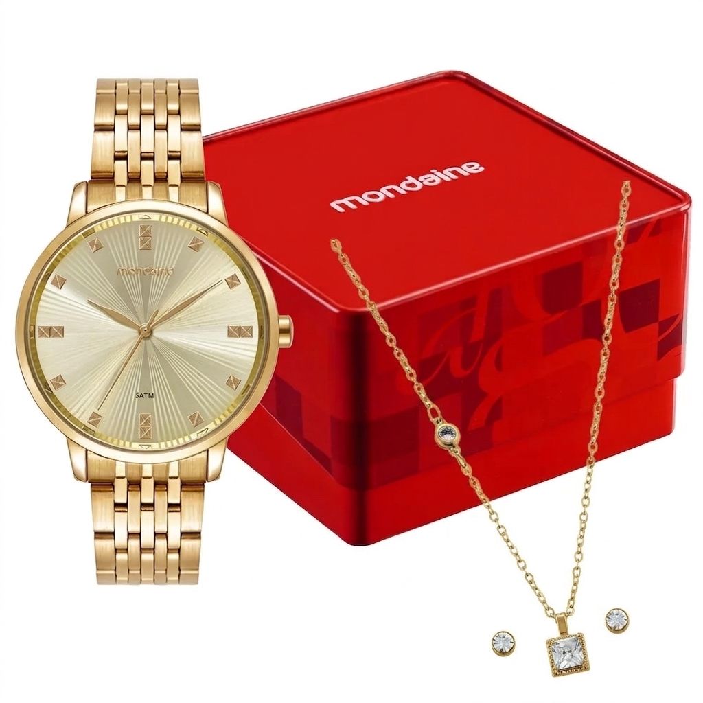 Kit Relógio Mondaine Feminino Champagne com Colar e Brincos