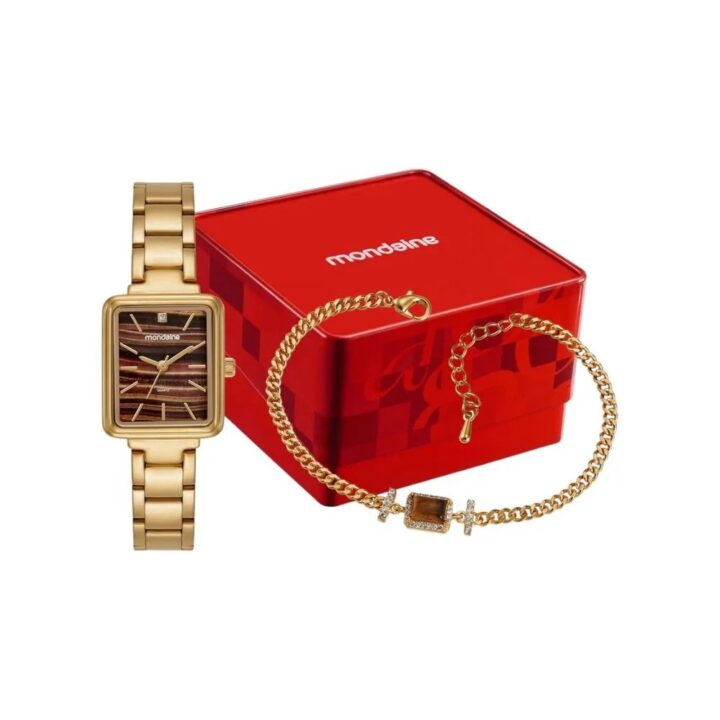 Kit Relógio Feminino Quadrado Dourado