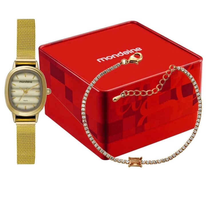 Kit Relógio Mondaine Feminino Dourado com Pulseira Riviera