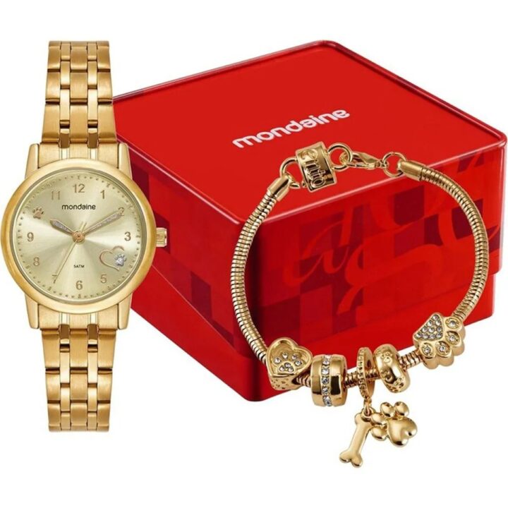 Kit Relógio Mondaine Feminino Dourado com Pulseira