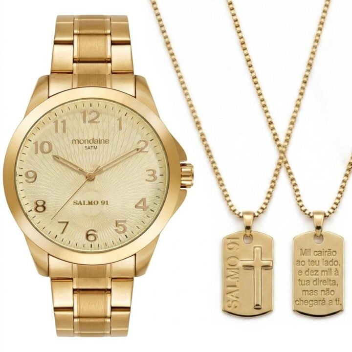 Kit Relógio Mondaine Masculino Dourado Salmo 91