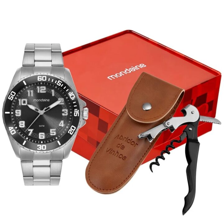 Kit Relógio Mondaine Masculino Prata Fundo Preto