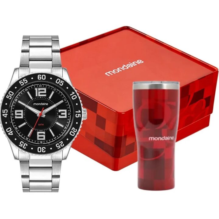 Kit Relógio Mondaine Masculino Prata com Copo