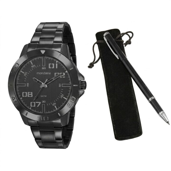 Kit Relógio Mondaine Masculino Casual Preto com Caneta