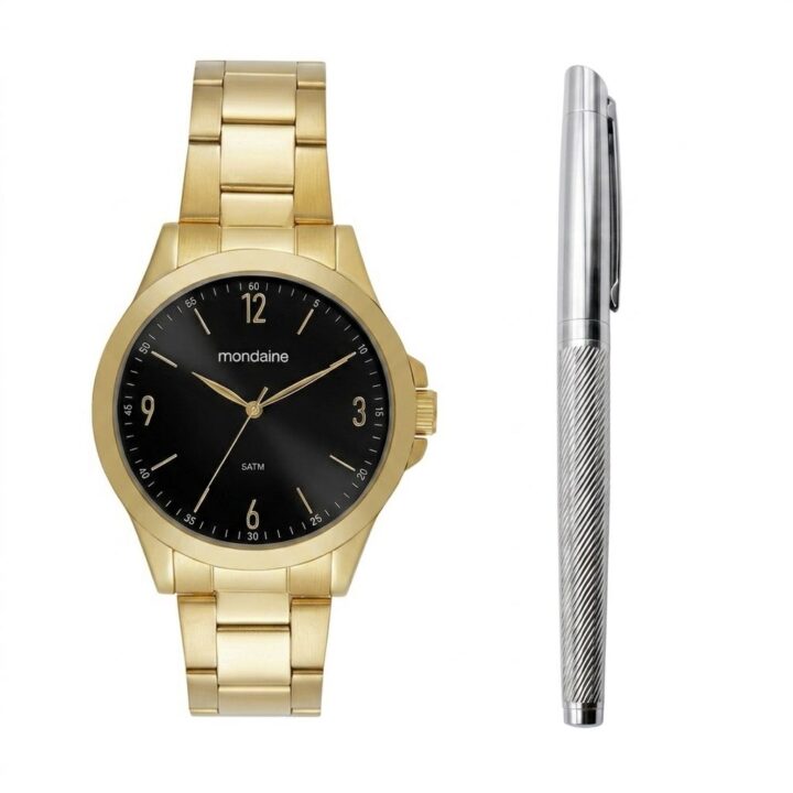 Kit Relógio Mondaine Masculino Social Dourado com Caneta