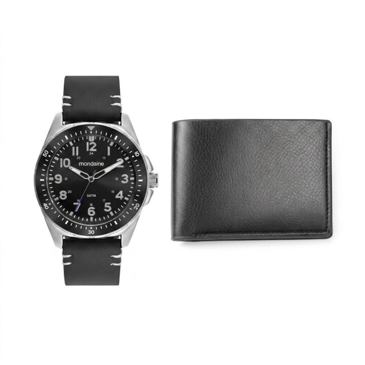 Kit Relógio Mondaine Masculino Couro Preto com Carteira