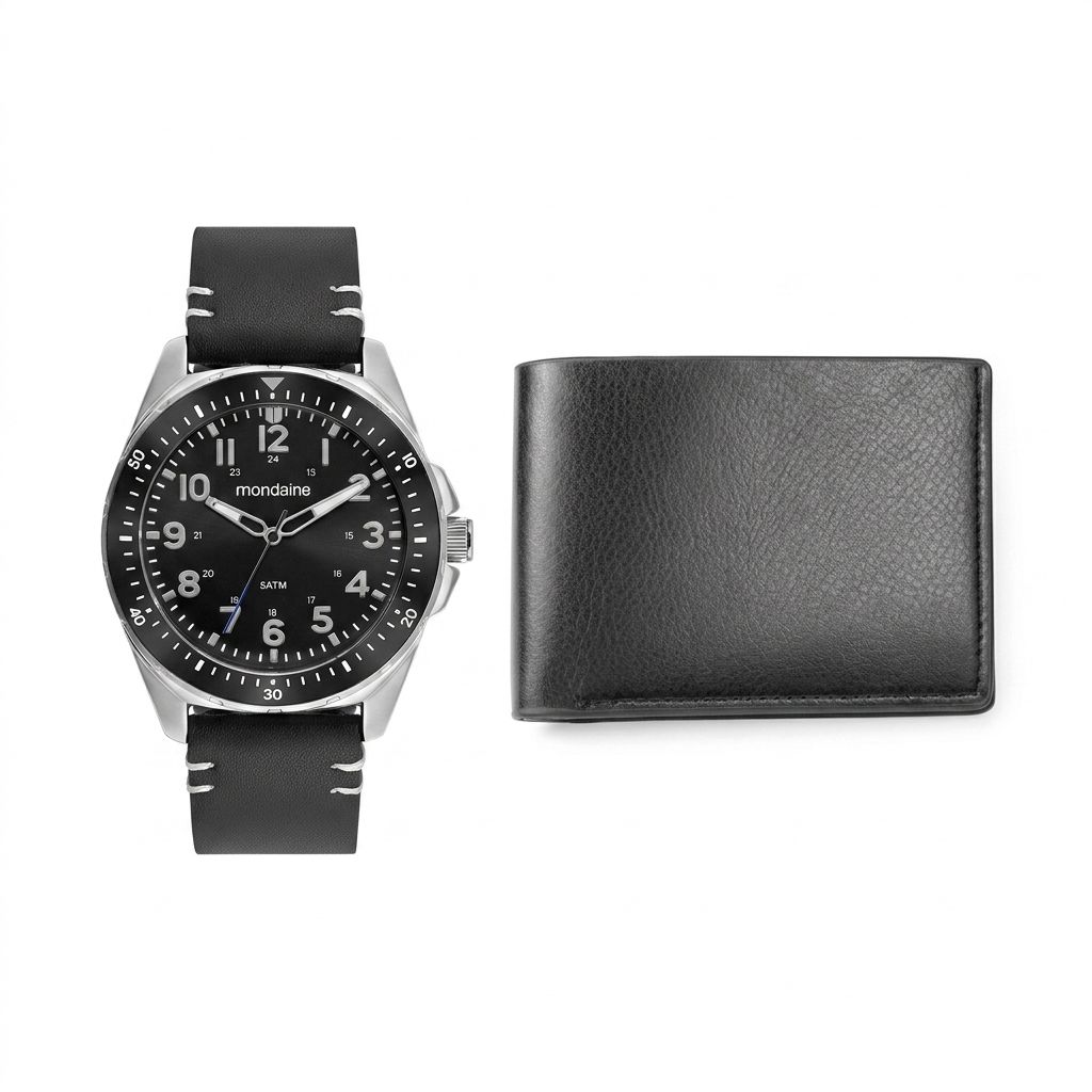 32577G0MVNH2 Kit Relógio Mondaine Masculino Couro Preto com Carteira