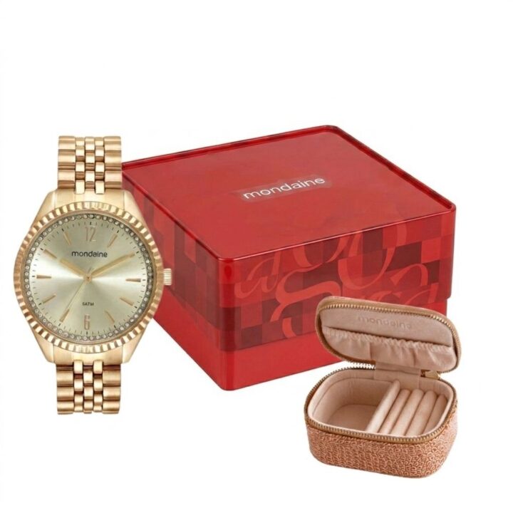 Kit Relógio Mondaine Feminino  com Porta-Joias Croco