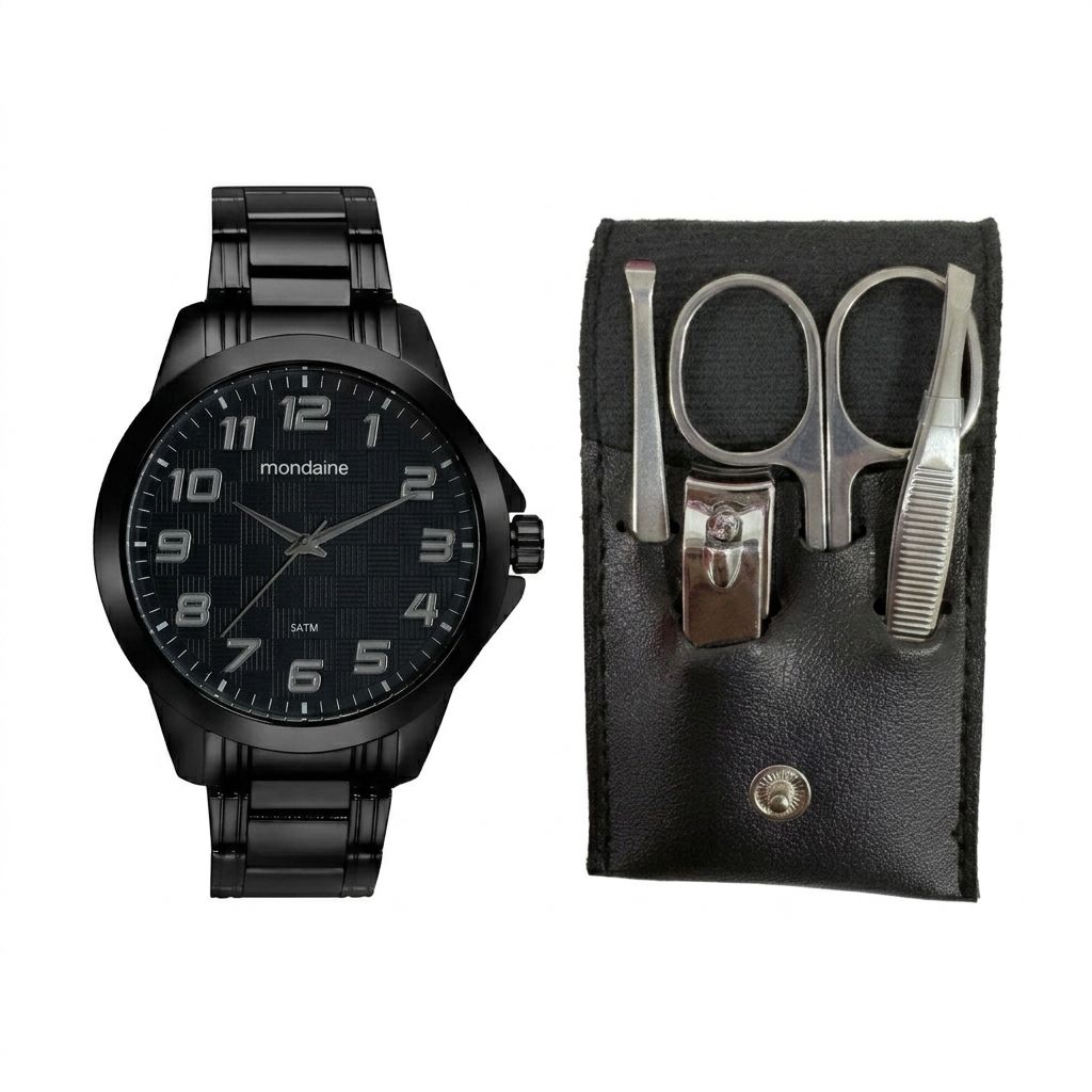 Kit Relógio Mondaine Masculino Preto com Kit Manicure