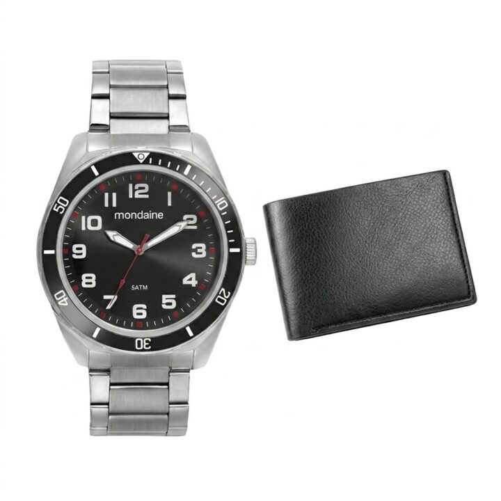Kit Relógio Mondaine Masculino Prata com Carteira
