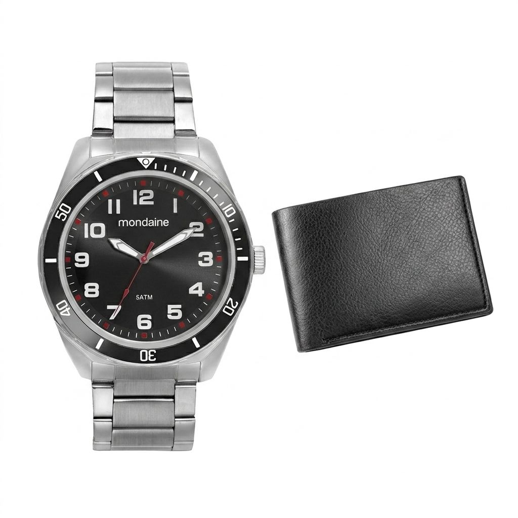 Kit Relógio Mondaine Masculino Prata com Carteira