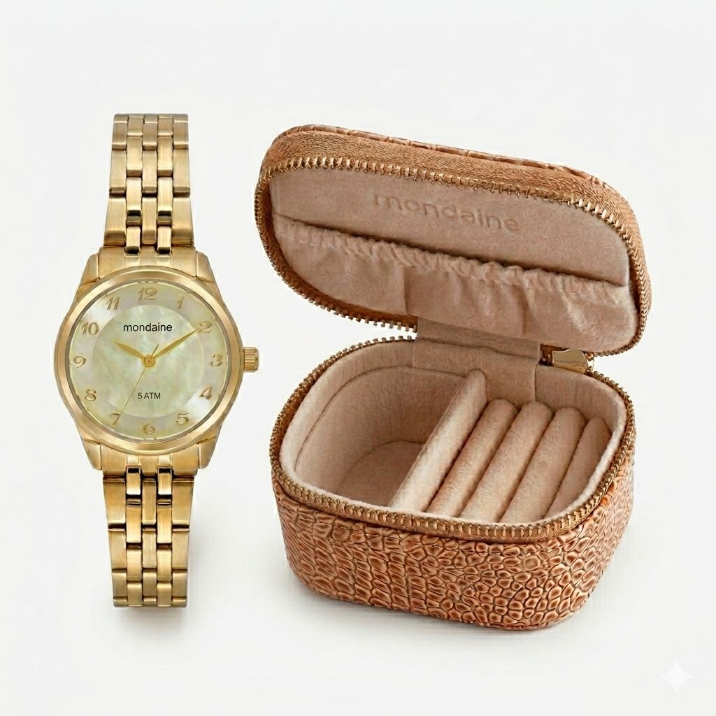 Kit Relógio Feminino Madrepérola Dourado Com Porta-Joias