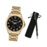 32605GPMVDE1 Kit Relógio Mondaine Masculino Social Dourado com Caneta