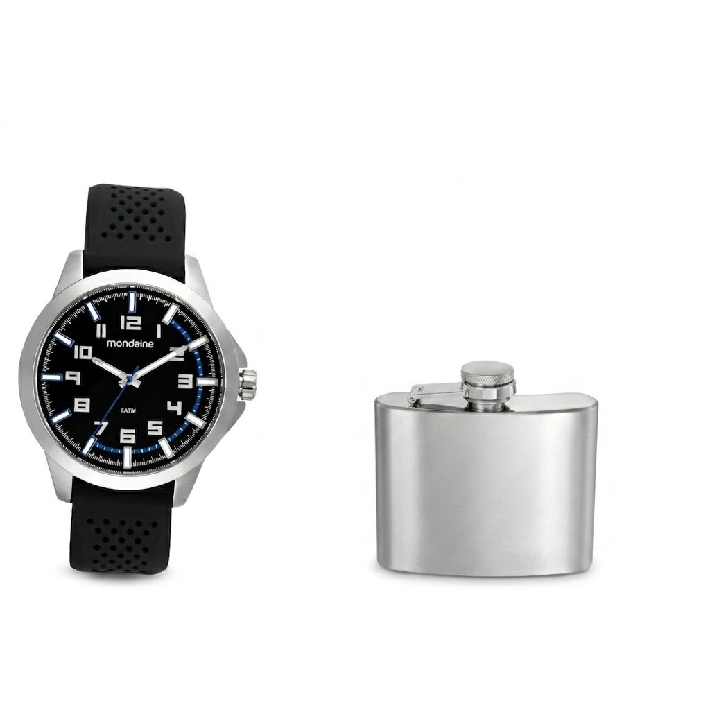 Kit Relógio Mondaine Masculino Prata com Cantil
