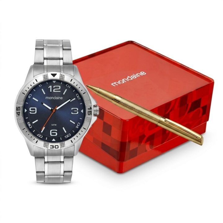 Kit Relógio Mondaine Masculino Casual Prata com Caneta