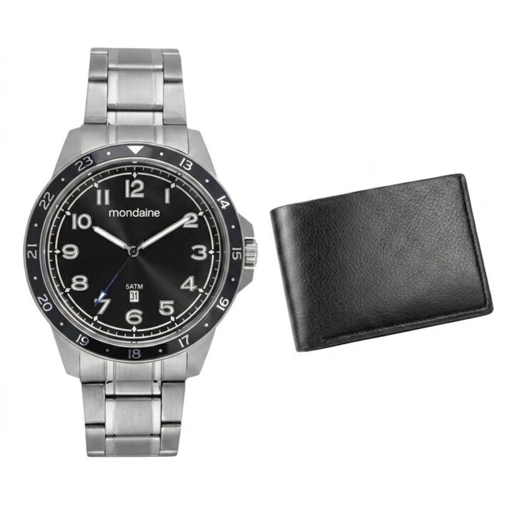 Kit Relógio Mondaine Masculino Prata com Carteira