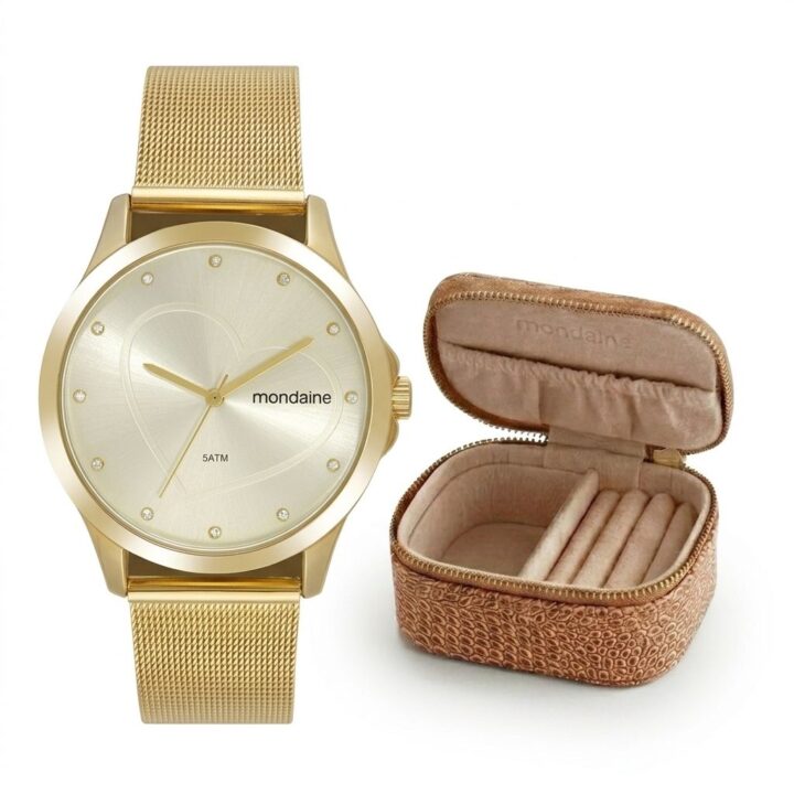 Kit Relógio Mondaine Feminino Dourado com Porta-Joias