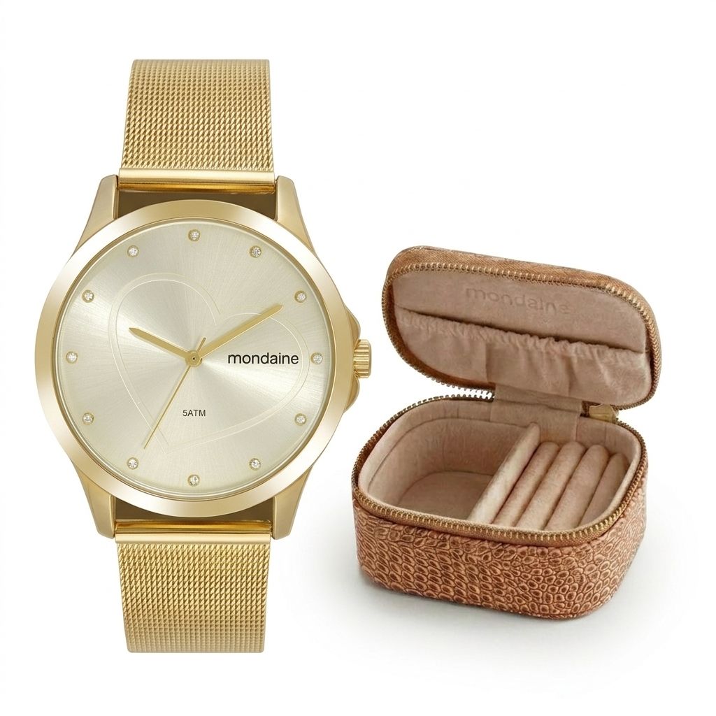 Kit Relógio Mondaine Feminino Dourado com Porta-Joias
