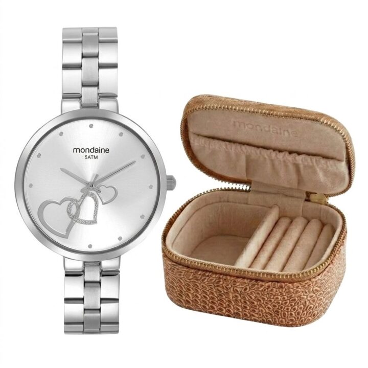 Kit Relógio Mondaine Feminino Prata Corações