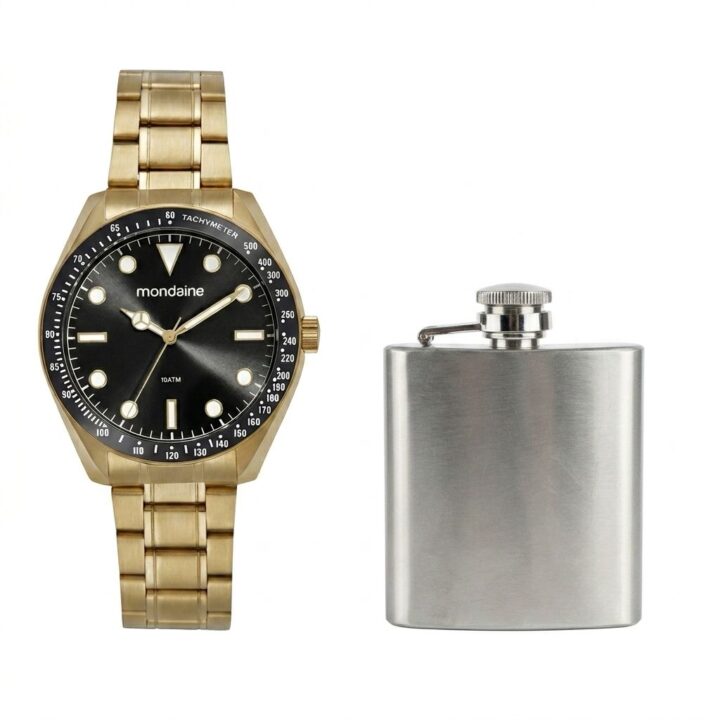 Kit Relógio Mondaine Masculino Dourado com Cantil