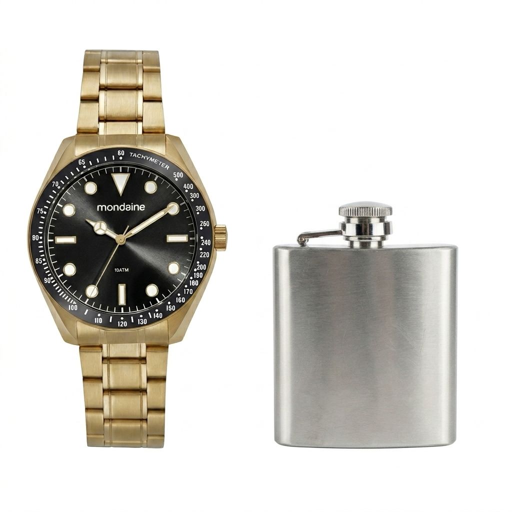 Kit Relógio Mondaine Masculino Dourado com Cantil