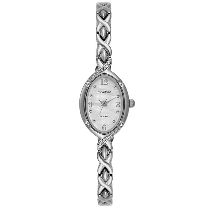 32973L0MVNM2 Relógio Mondaine Feminino Prata Oval Mostrador Branco Números