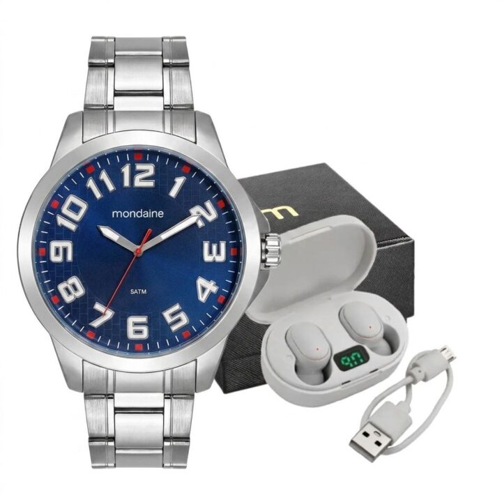 Kit Relógio Mondaine Masculino Casual Prata com Fone Bluetooth