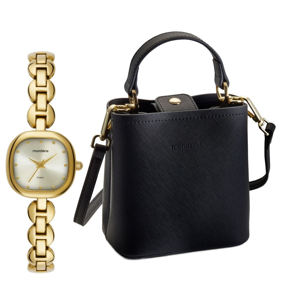 Kit Relógio Feminino Mini Dourado com Bolsa