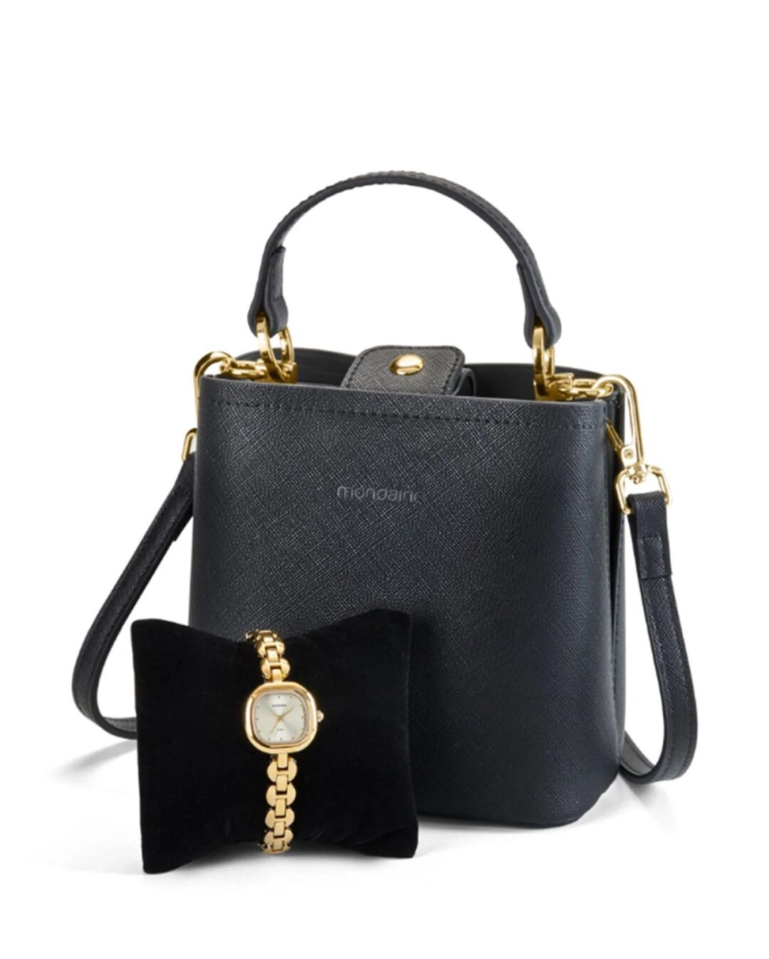 Kit Relógio Feminino Mini Dourado com Bolsa