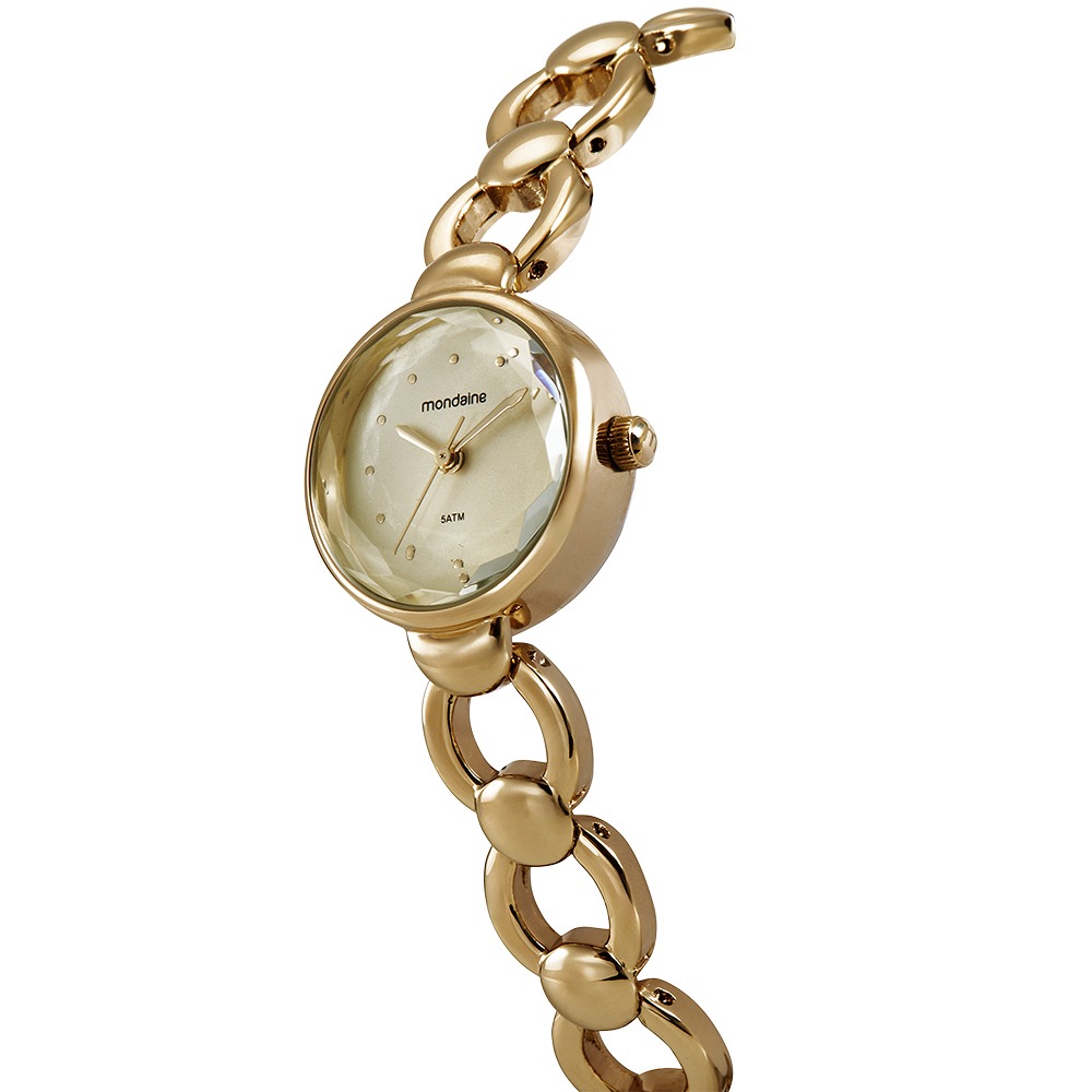 32976LPMVDM1 Relógio Mondaine Feminino Dourado Pulseira Sólida Vidro Facetado