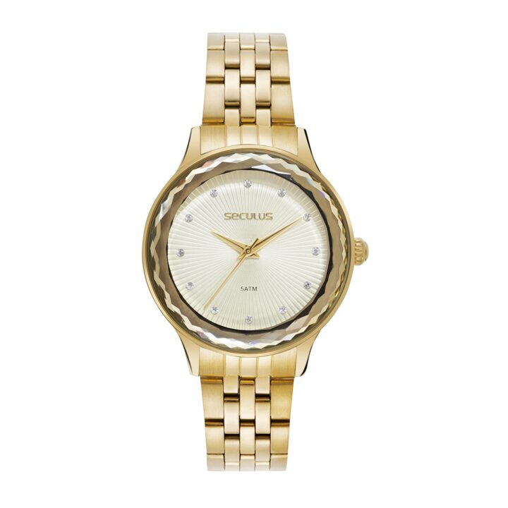 44334LPSVDS1 Relógio Seculus Feminino Dourado Dial em Cristais
