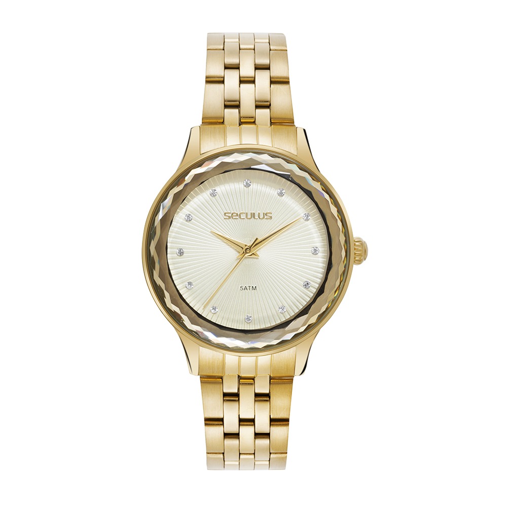 44334LPSVDS1 Relógio Seculus Feminino Dourado Dial em Cristais