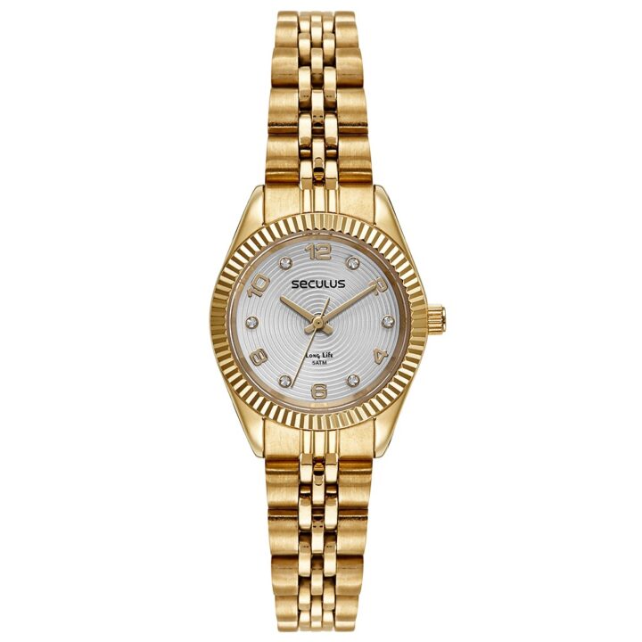77256LPSVDA1 Relógio Seculus Feminino Cristais Catraca Serrilhada Dourado