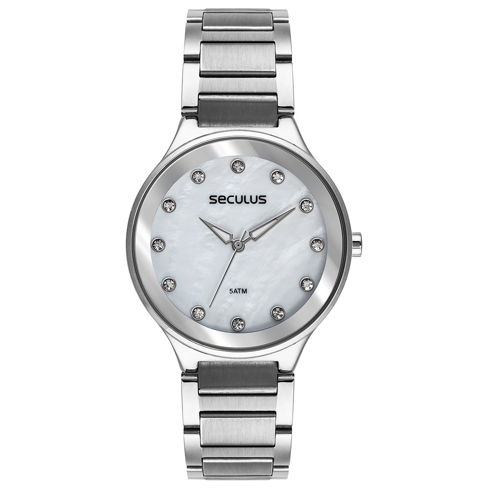 77264L0SVNS3 Relógio Seculus Feminino Casual Madrepérola Prata