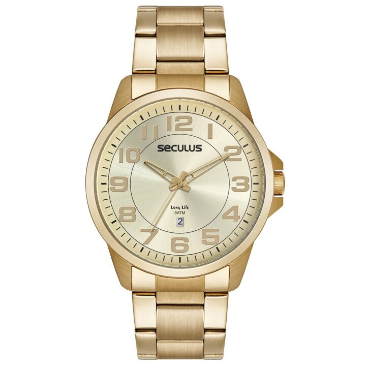 44216GPSVDA3 Relógio Seculus Masculino Aço Casual com Calendário Dourado