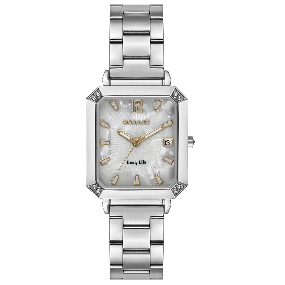 44308L0SVNA2 Relógio Seculus Feminino Prata Aço Index Completo Rosca