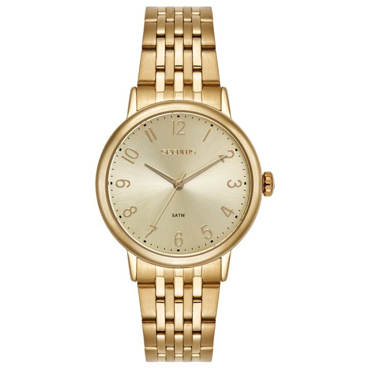 77353LPSVDS1 Relógio Seculus Feminino Dourado Numeração Completa
