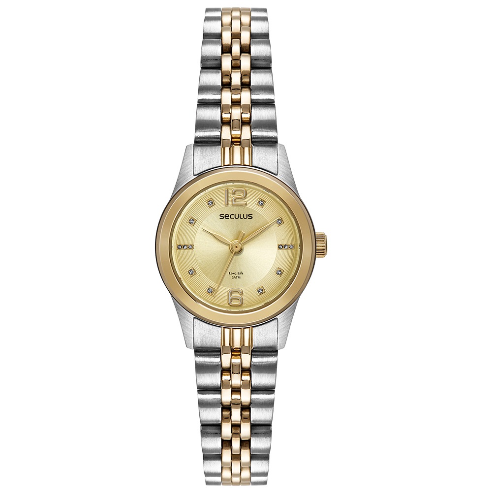 Relógio Seculus Feminino Aço Cristais Bicolor