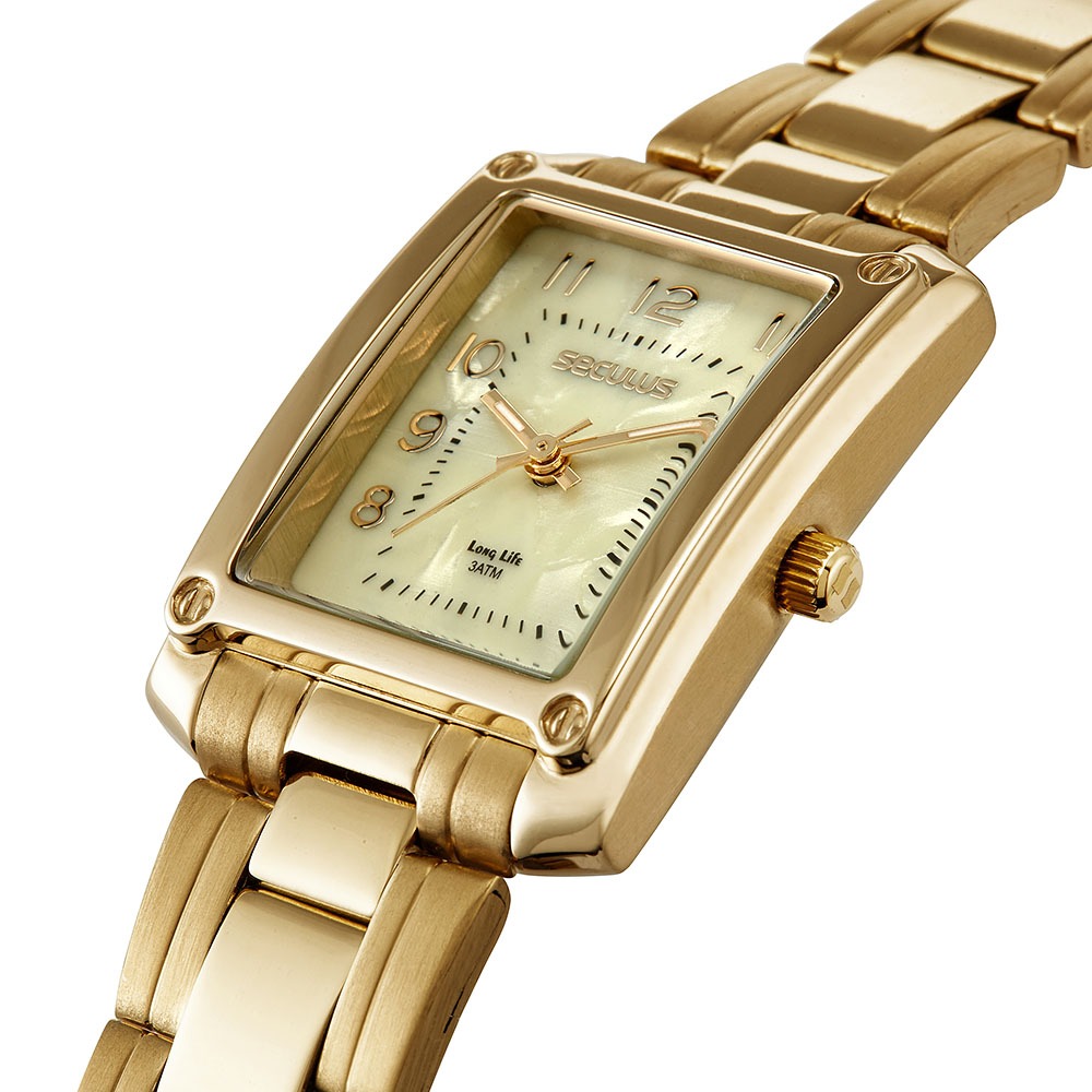 44117LPSVDA1 Relógio Seculus Feminino Retangular Madrepérola Dourado